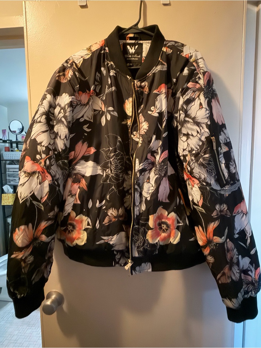 White Mark Black Floral Bomber Jacket with Pink & Cream Accents